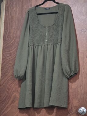 Women’s Long Sleeve Olive Smocked Yoke Dress